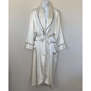 Vintage Victoria's Secret Ivory‎ Satin Robe Black Trim Belted XS/S Bride To Be